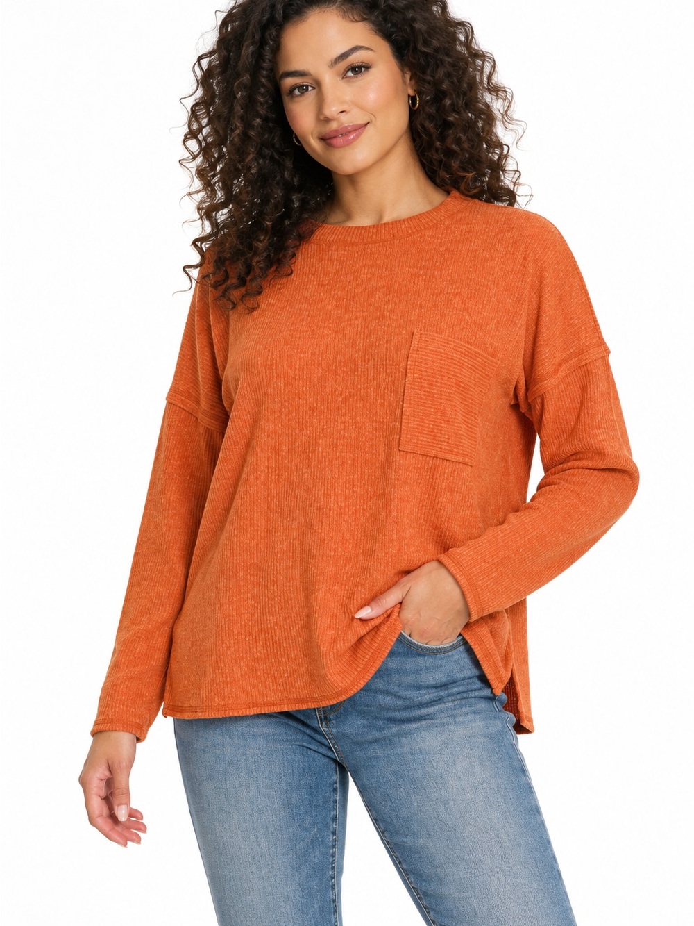 Zenana RIBBED BRUSHED MELANGE HACCI SWEATER WITH A POCKET